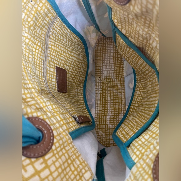 Fossil KeyPer Yellow Plaid Tulip Coated Canvas Purse Bag Tie Handles Key Charm - Picture 8 of 11